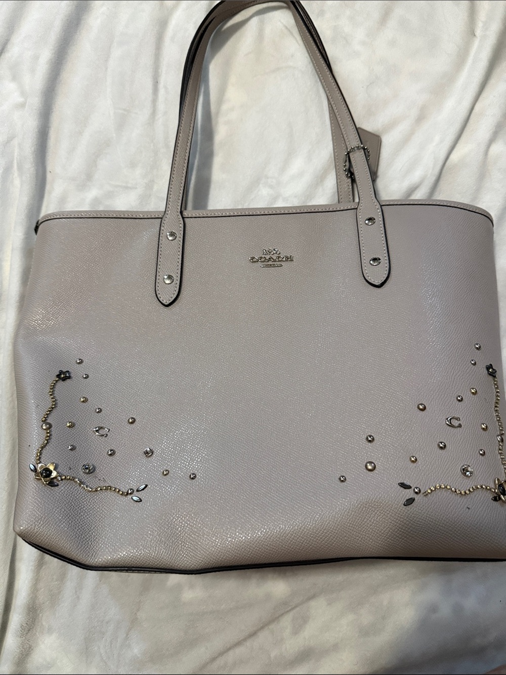 Coach Light Taupe Leather Tote with Stud and Chain Embellishments
